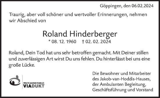 Traueranzeige von Roland Hinderberger von NWZ Neue Württembergische Zeitung