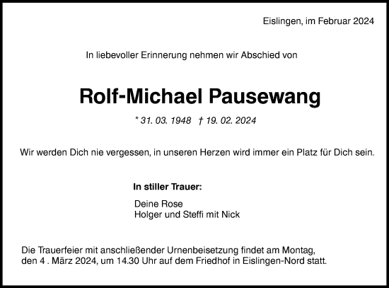 Traueranzeige von Rolf-Michael Pausewang von NWZ Neue Württembergische Zeitung