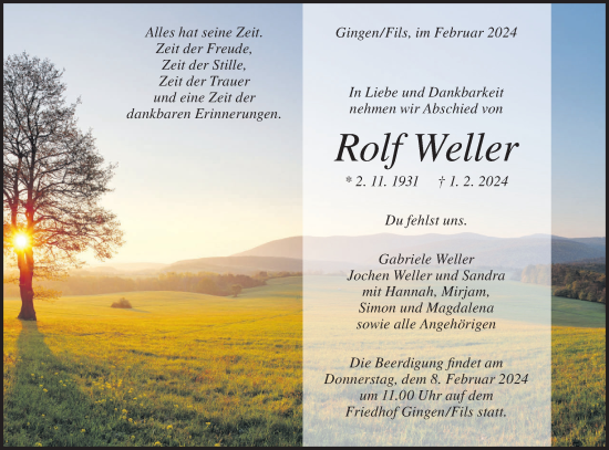 Traueranzeige von Rolf Weller von Geislinger Zeitung