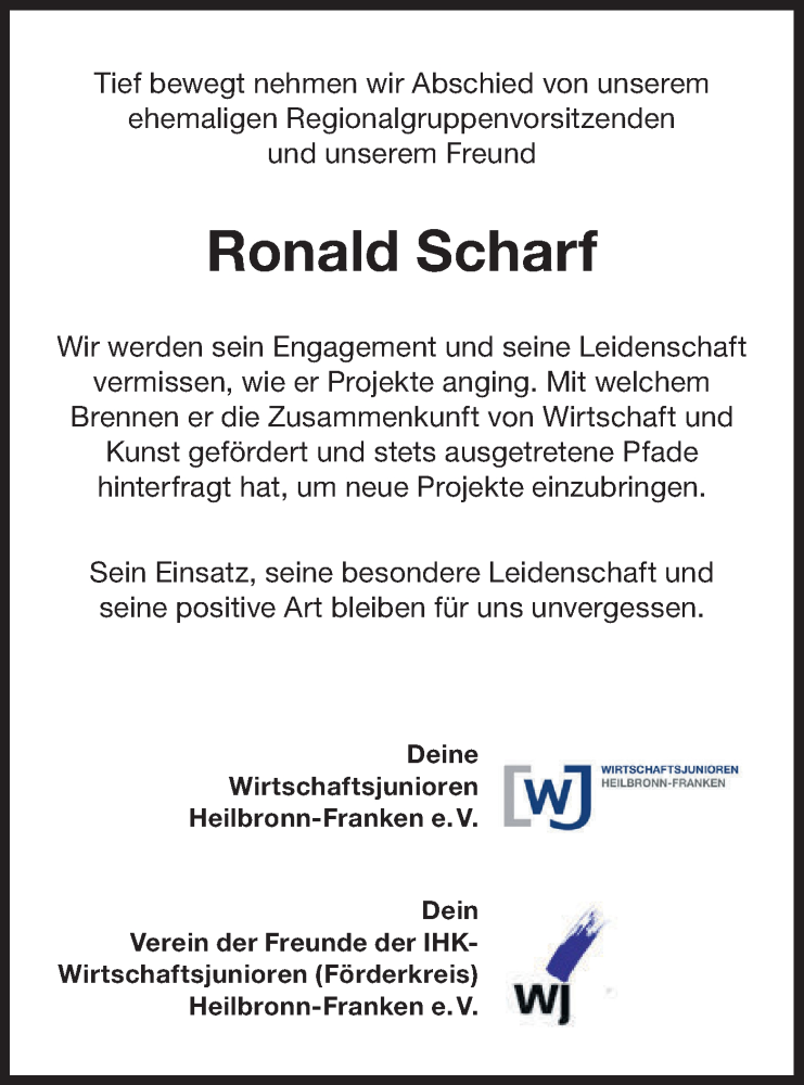  Traueranzeige für Ronald Scharf vom 17.02.2024 aus Haller Tagblatt