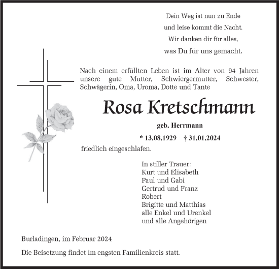 Traueranzeige von Rosa Kretschmann von Hohenzollerische Zeitung