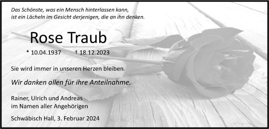 Traueranzeige von Rose Traub von Haller Tagblatt