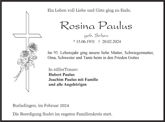 Traueranzeige von Rosina Paulus von Hohenzollerische Zeitung