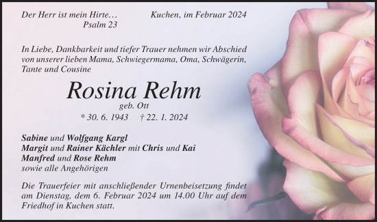 Traueranzeige von Rosina Rehm von Geislinger Zeitung