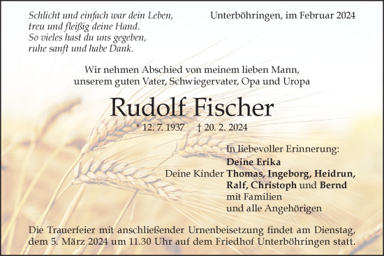 Traueranzeige von Rudolf Fischer von Geislinger Zeitung