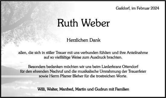 Traueranzeige von Ruth Weber von Rundschau Gaildorf