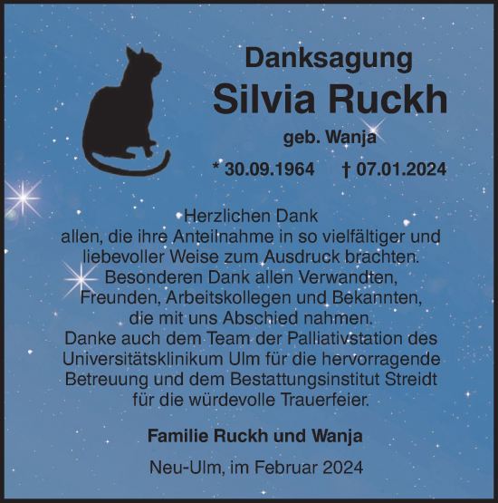 Traueranzeige von Silvia Ruckh von SÜDWEST PRESSE Ausgabe Ulm/Neu-Ulm