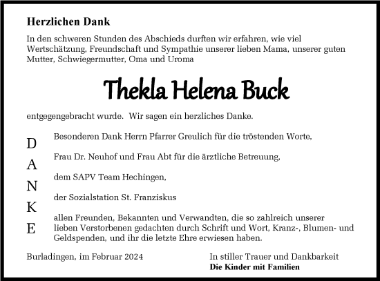 Traueranzeige von Thekla Helena Buck von Hohenzollerische Zeitung