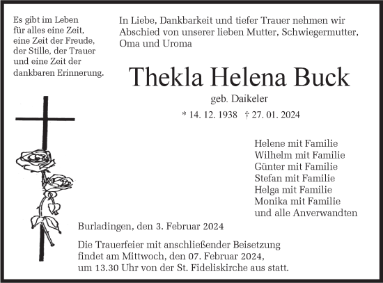 Traueranzeige von Thekla Helena Buck von Hohenzollerische Zeitung