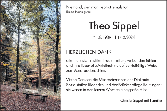 Traueranzeige von Theo Sippel von SÜDWEST PRESSE/SÜDWEST PRESSE