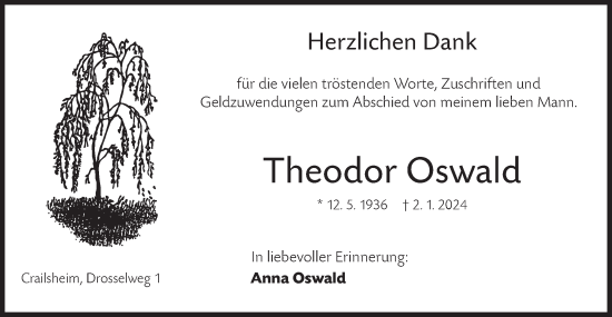 Traueranzeige von Theodor Oswald von Hohenloher Tagblatt