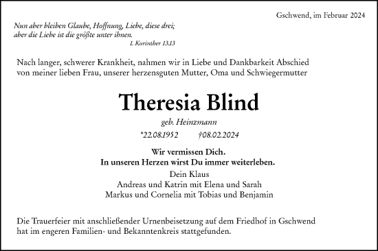 Traueranzeige von Theresia Blind von Rundschau Gaildorf