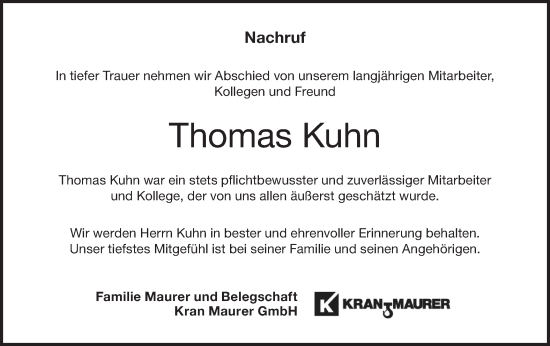 Traueranzeige von Thomas Kuhn von NWZ Neue Württembergische Zeitung