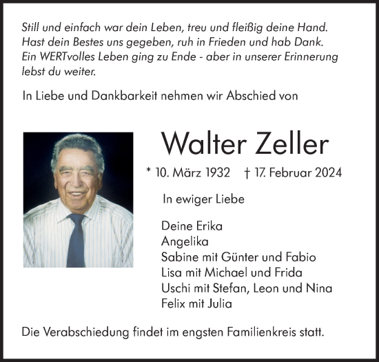 Traueranzeige von Walter Zeller von SÜDWEST PRESSE Ausgabe Ulm/Neu-Ulm