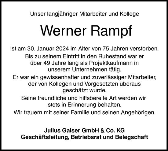 Traueranzeige von Werner Rampf von SÜDWEST PRESSE Ausgabe Ulm/Neu-Ulm