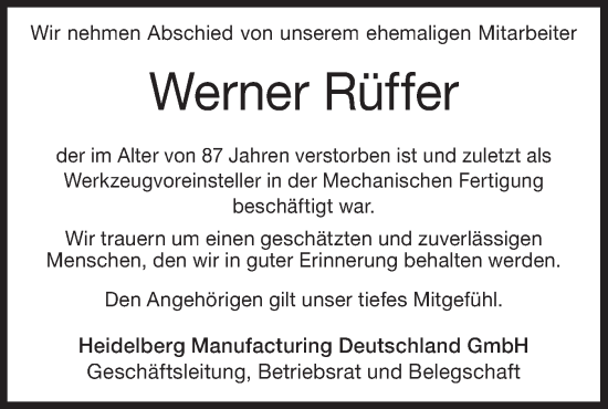 Traueranzeige von Werner Rüffer von Geislinger Zeitung