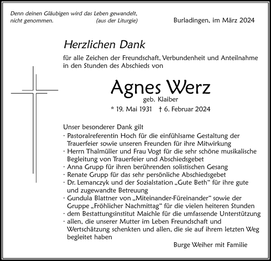 Traueranzeige von Agnes Werz von Hohenzollerische Zeitung