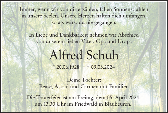 Traueranzeige von Alfred Schuh von SÜDWEST PRESSE Ausgabe Ulm/Neu-Ulm