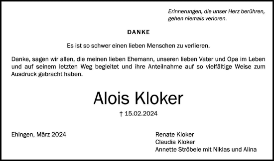 Traueranzeige von Alois Kloker von Ehinger Tagblatt