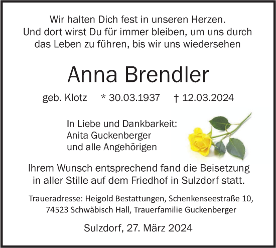 Traueranzeige von Anna Brendler von Haller Tagblatt