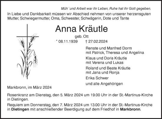 Traueranzeige von Anna Kräutle von SÜDWEST PRESSE Ausgabe Ulm/Neu-Ulm