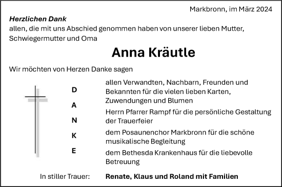 Traueranzeige von Anna Kräutle von SÜDWEST PRESSE Ausgabe Ulm/Neu-Ulm