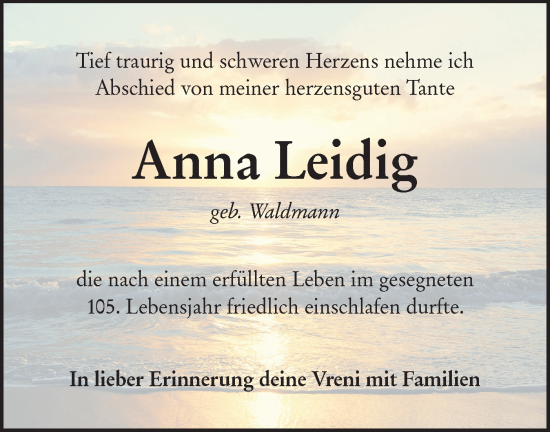 Traueranzeige von Anna Leidig von Hohenloher Tagblatt