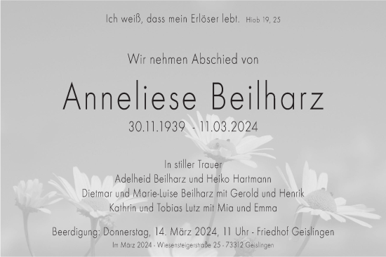 Traueranzeige von Anneliese Beilharz von Geislinger Zeitung