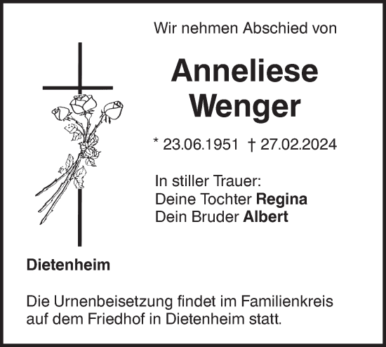 Traueranzeige von Anneliese Wenger von SÜDWEST PRESSE Ausgabe Ulm/Neu-Ulm