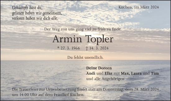 Traueranzeige von Armin Topler von Geislinger Zeitung