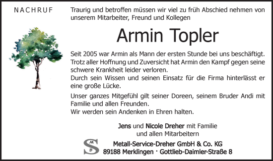 Traueranzeige von Armin Topler von Geislinger Zeitung