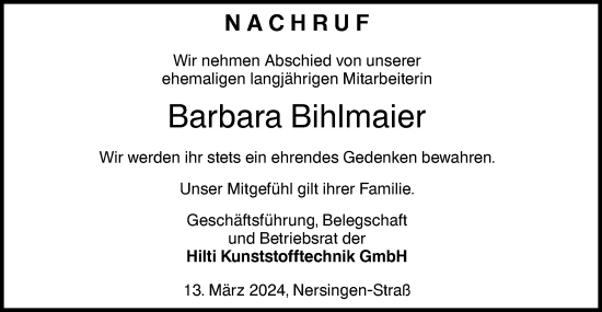 Traueranzeige von Barbara Bihlmaier von SÜDWEST PRESSE Ausgabe Ulm/Neu-Ulm