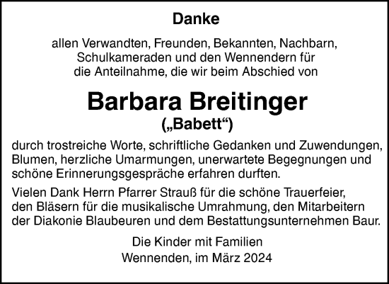 Traueranzeige von Barbara Breitinger von SÜDWEST PRESSE Ausgabe Ulm/Neu-Ulm