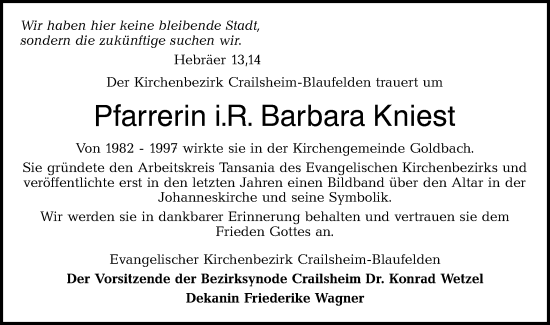 Traueranzeige von Barbara Kniest von Hohenloher Tagblatt