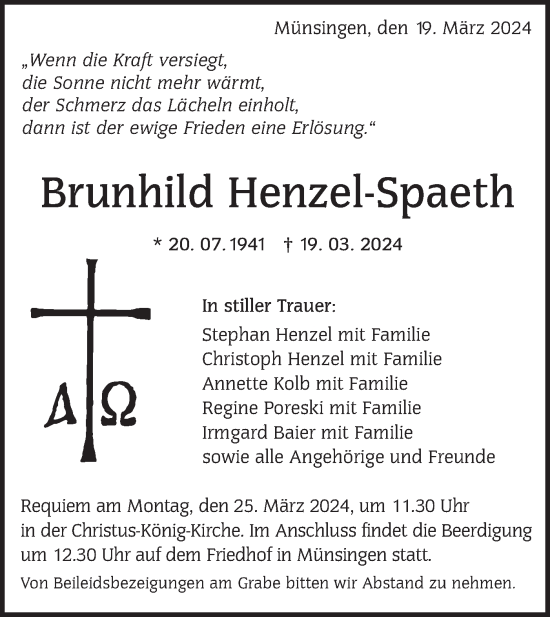 Traueranzeige von Brunhild Henzel-Spaeth von Alb-Bote/Metzinger-Uracher Volksblatt