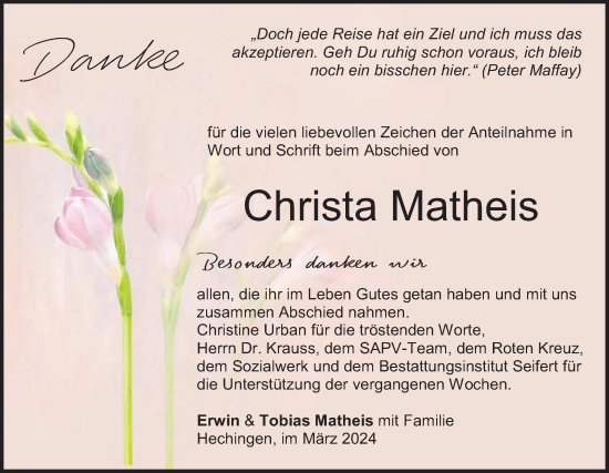 Traueranzeige von Christa Matheis von SÜDWEST PRESSE Zollernalbkreis/Hohenzollerische Zeitung