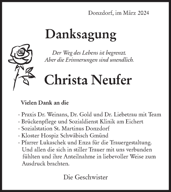 Traueranzeige von Christa Neufer von NWZ Neue Württembergische Zeitung