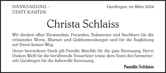 Traueranzeige von Christa Schlaiss von Geislinger Zeitung