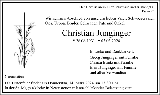 Traueranzeige von Christian Junginger von SÜDWEST PRESSE Ausgabe Ulm/Neu-Ulm