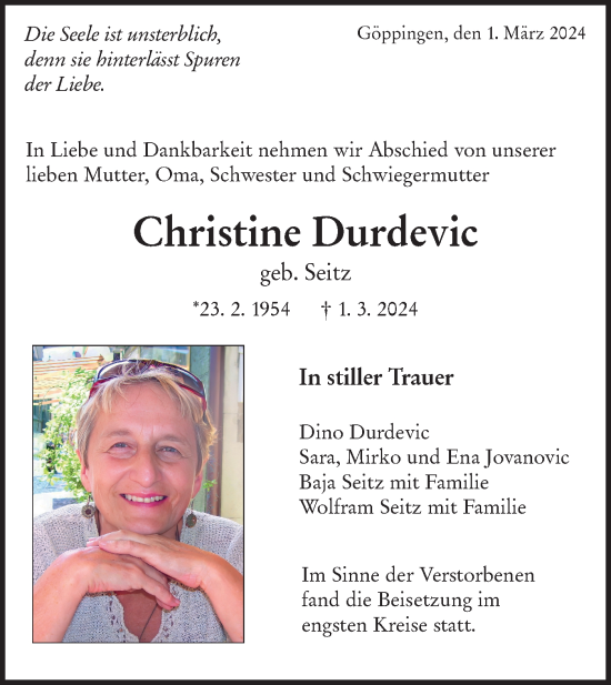 Traueranzeige von Christine Durdevic von NWZ Neue Württembergische Zeitung