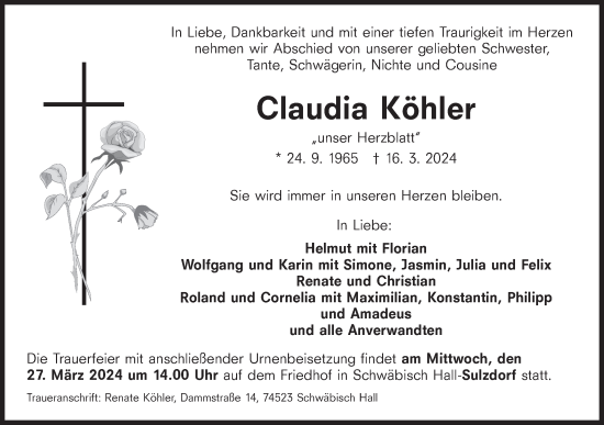 Traueranzeige von Claudia Köhler von Haller Tagblatt