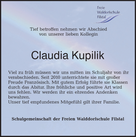 Traueranzeige von Claudia Kupilik von NWZ Neue Württembergische Zeitung