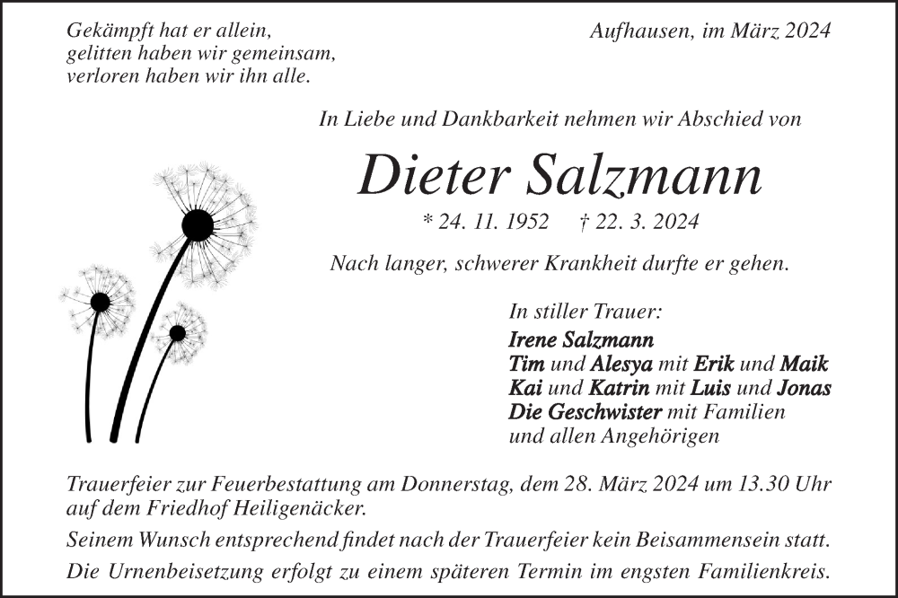  Traueranzeige für Dieter Salzmann vom 26.03.2024 aus Geislinger Zeitung