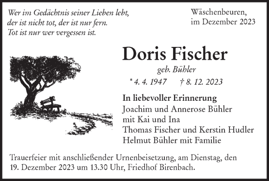 Traueranzeige von Doris Fischer von NWZ Neue Württembergische Zeitung