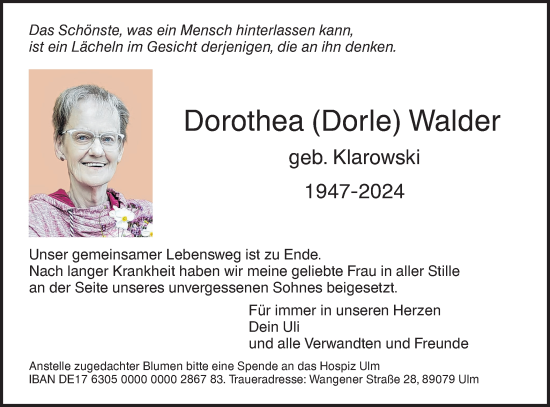 Traueranzeige von Dorothea Walder von SÜDWEST PRESSE Ausgabe Ulm/Neu-Ulm