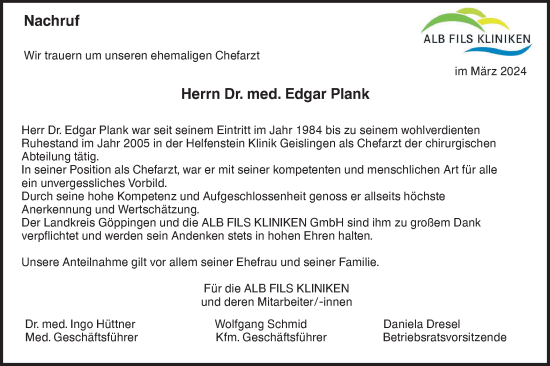 Traueranzeige von Edgar Plank von NWZ Neue Württembergische Zeitung/Geislinger Zeitung