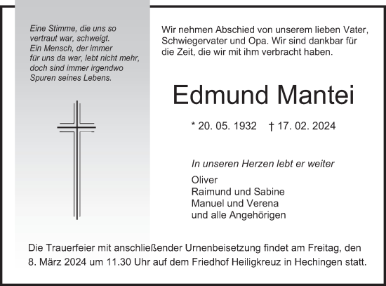 Traueranzeige von Edmund Mantei von Hohenzollerische Zeitung