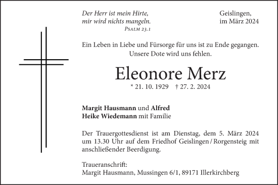 Traueranzeige von Eleonore Merz von Geislinger Zeitung