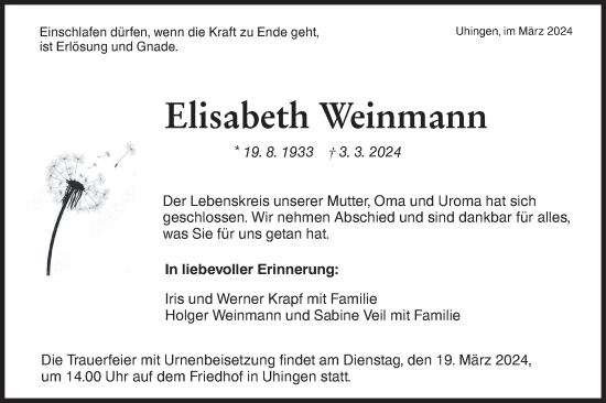 Traueranzeige von Elisabeth Weinmann von NWZ Neue Württembergische Zeitung