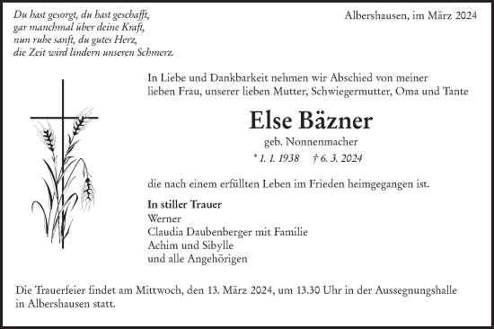 Traueranzeige von Else Bäzner von NWZ Neue Württembergische Zeitung